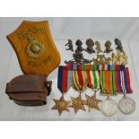 WWII Medals Africa, Italy Stars, Defence and War Medal together with compass and Royal Artillery