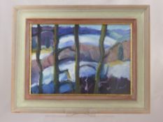 Carolyn White 1945 - 2013 Stroud, Oil on paper entitled "Winter Woods" approx 41 x 28 cms, framed