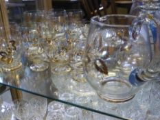 Vintage Gilded Glass Decanter with Water Jug, including six water tumblers and six liqueur