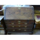 A Georgian Oak Drop Front Bureau, fitted interior with three graduated drawers, approx 90 x 62 x 102