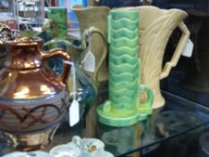 Art Deco Pottery Arthur Wood Jug, Candlestick and a Pottery Jug together with an antique bronzed