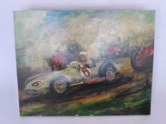 Gary Fasano (Australian 20th Century), mixed media on canvas depicting Sterling Moss racing in a