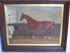 An English School Original Oil on Canvas, believed to be the stallion 'Gendarme', monogrammed J M to