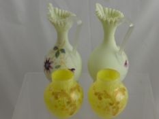 A Pair Victorian Gilded Yellow and White Glass Vases together with two pale green opaline vases. (