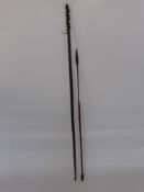 An Antique South African Throwing Spear, with bamboo shaft, braided leather grip and turned metal