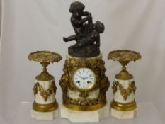 A Late 19th Century French Marble and Ormolu Clock Garniture.  Henry Marr - Paris, white enamel dial
