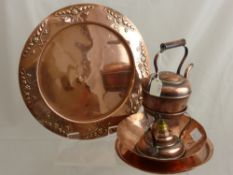 A Quantity of Antique Copper, including Art Nouveau platter by J.S. & S.31 cms, spirit kettle and