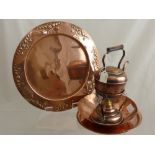 A Quantity of Antique Copper, including Art Nouveau platter by J.S. & S.31 cms, spirit kettle and