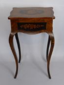 An Antique Walnut Marquetry Inlaid Sewing Box Table, the table on swan neck form legs and having