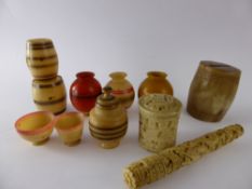 A Collection of Antique Bone/Ivory Miniature Vessels, including pot, barrel, drinking vessel,