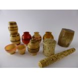 A Collection of Antique Bone/Ivory Miniature Vessels, including pot, barrel, drinking vessel,