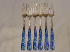 A Set of Six Chinese Silver Metal and Blue Enamel Handled Forks, the forks having character marks to