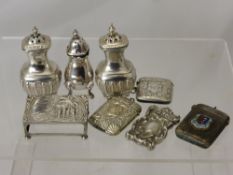 Miscellaneous Silver, including three vesta cases and a match box cover, three peppers.