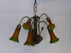 A Pair of Tiffany Style Ceiling Lamps, the lamps having five trumpet glass shades.