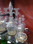 Quantity of Glass, including vintage decanters, two condiment bottles and a silver rimmed dish.