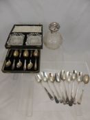 A Set of Silver Tea Spoons, two cut glass salts in the original box and a perfume bottle.