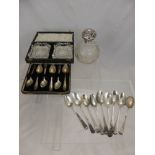 A Set of Silver Tea Spoons, two cut glass salts in the original box and a perfume bottle.