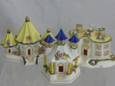 Three Coalport Bone China Cottages, including "Three Steeples", "Barley Sugar House" and "Hunting
