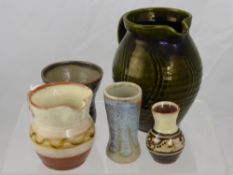 Ray Finch 1914 - 2012 Winchcombe Pottery Blue Glaze Vase, miniature posy vase, mug, milk jug stamped