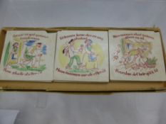 A Set of Six Vintage German Character Porcelain Tiles, depicting various comical marriage scenes.