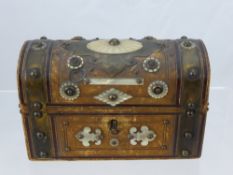 An Antique Leather and Mother of Pearl Perfume Casket, with three cut glass perfume bottles.