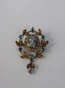 A Lady's Antique 9 Ct Gold Seed Pearl and Blue Stone Pendant Brooch, approx 4.8 gms.