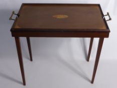 A Vintage Mahogany Butler's Tray, with decorative inlay and brass carry handles.