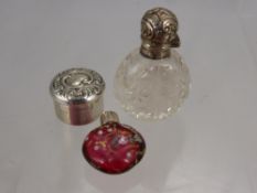 A Miscellaneous Collection of Items, including cut glass silver top scent bottle, silver pill box,