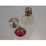A Miscellaneous Collection of Items, including cut glass silver top scent bottle, silver pill box,