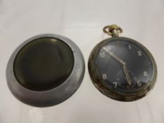 A WW2 Chrome Cased Pocket Watch, the watch having a black dial with luminous numerals and minute