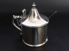 A Solid Silver Lidded Mustard Pot and Spoon, London hallmark (marks rubbed), approx 215 gms