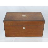 A Mahogany Inlaid Tea Caddy, with fitted interior, turned carry handles, approx 25 x 13 x 15 cms