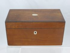 A Mahogany Inlaid Tea Caddy, with fitted interior, turned carry handles, approx 25 x 13 x 15 cms