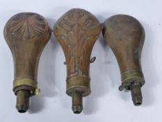Three Antique Powder Flasks of various designs, two common top, one patent top by James Dixon. (3)