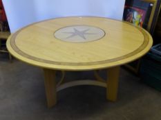 A Contemporary Bespoke Art Deco Style Ash Circular Dining Table, the table having burr oak inlaid