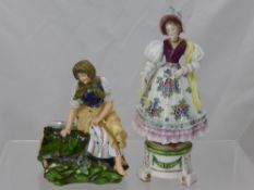 Two Sitzendorf Porcelain Figures of Ladies, approx 19 and 13 cms high respectively. (af)