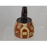 A Late 18th Century Stone Ware Spirit Flagon, brown glaze with cream Free Mason symbolism to the