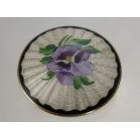 A Vintage Disc Form Continental solid silver and enamel brooch depicting a pansy, the brooch