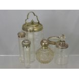 Three Cut Glass and Silver Topped Dressing Table Jars, together with two silver topped perfume