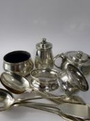 A Collection of Miscellaneous Silver including Cruet Set, mustard, salt and pepper, blue glass