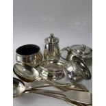 A Collection of Miscellaneous Silver including Cruet Set, mustard, salt and pepper, blue glass