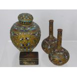 Three Chinese Cloisonné Items, including a pair of vases and a small ginger jar and a Niello box