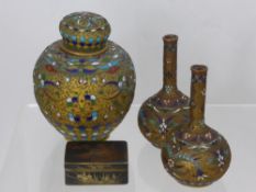 Three Chinese Cloisonné Items, including a pair of vases and a small ginger jar and a Niello box