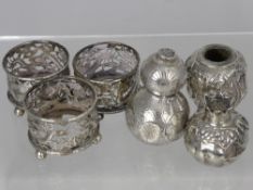 Three Chinese Sterling Silver Mustard Liners, together with three peppers, approx 170 gms.