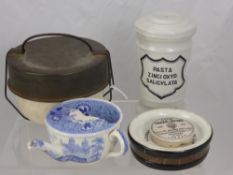 A Victorian Porcelain "The Queen" Pudding Boiler, with pewter lid, Patent No. 16, approx 16 x 10