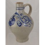 An Antique German Westerwald Style Stone Ware Cider Flagon with blue hand painted decoration