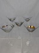 Five Studio Glass Martini Glasses, with decorative ribbon effect to the bowl exterior, approx  19