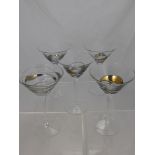 Five Studio Glass Martini Glasses, with decorative ribbon effect to the bowl exterior, approx  19