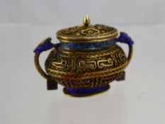 A Miniature Silver Oriental Enamel Twin Handle Filigree Basket, the silver gilt basket having