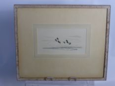 Sir Peter M Scott (1909-1989) Geese over Loch, pen and ink drawing signed lower left, framed and